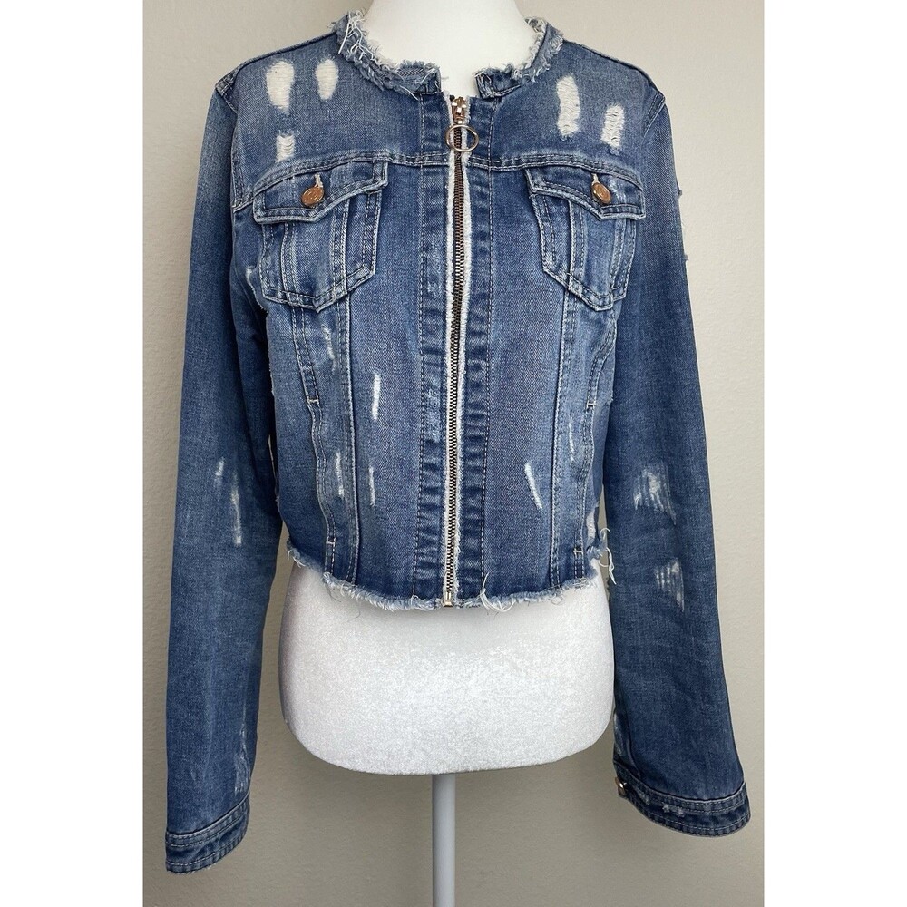 BBJ Women’s Distressed Denim Jean Jacket Casual  Western Cowgirl-L